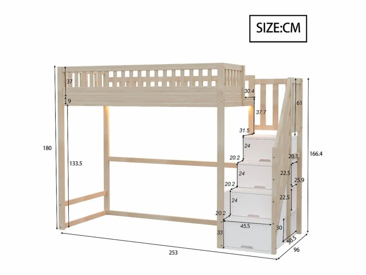 ModernLuxe Cama altillo 90x200 cm - con escalera de seguridad - con barreras de seguridad - con iluminación LED - natural (colchón no incluido) Color natural claro / Blanco Online