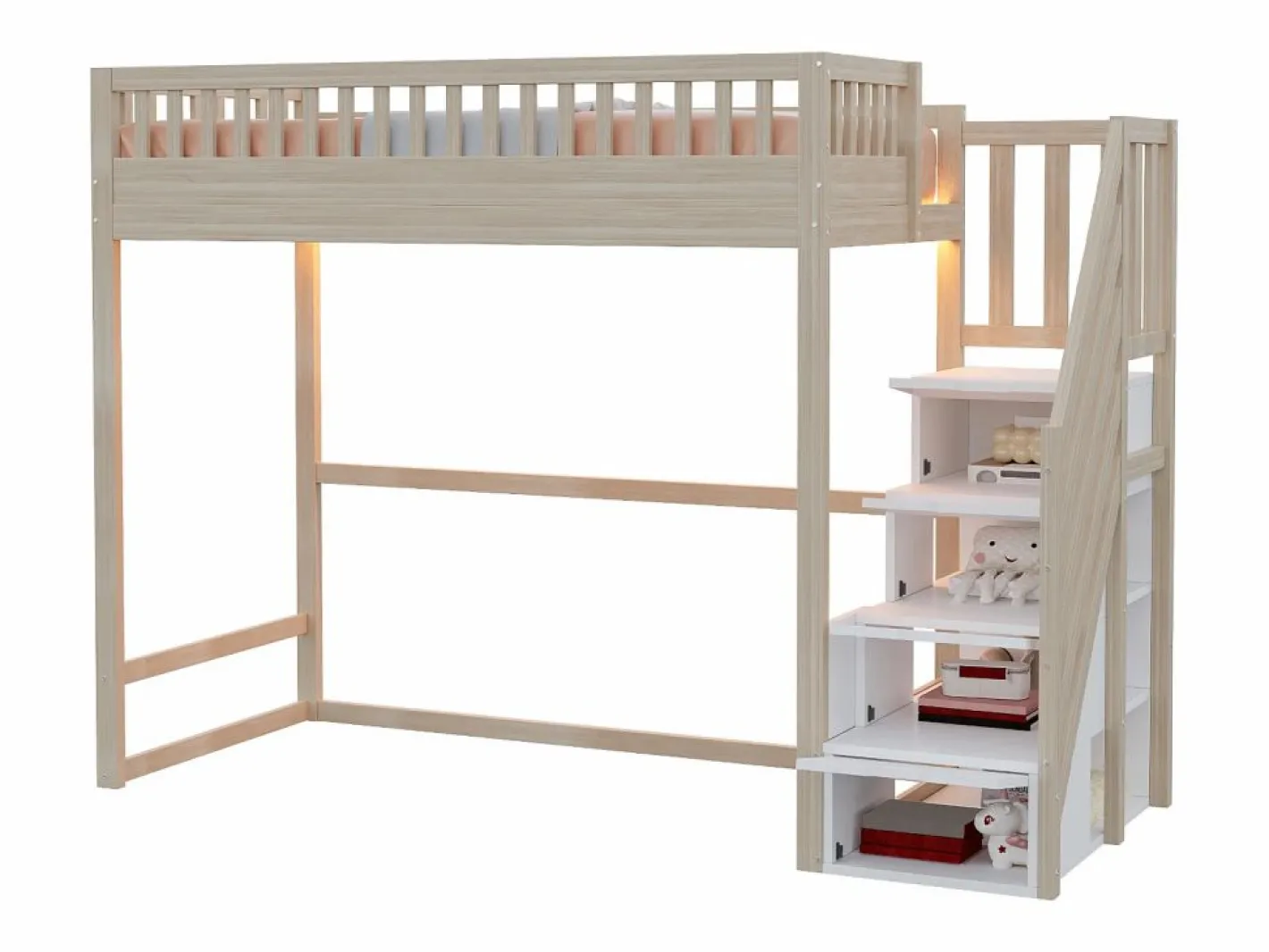 ModernLuxe Cama altillo 90x200 cm - con escalera de seguridad - con barreras de seguridad - con iluminación LED - natural (colchón no incluido) Color natural claro / Blanco Online