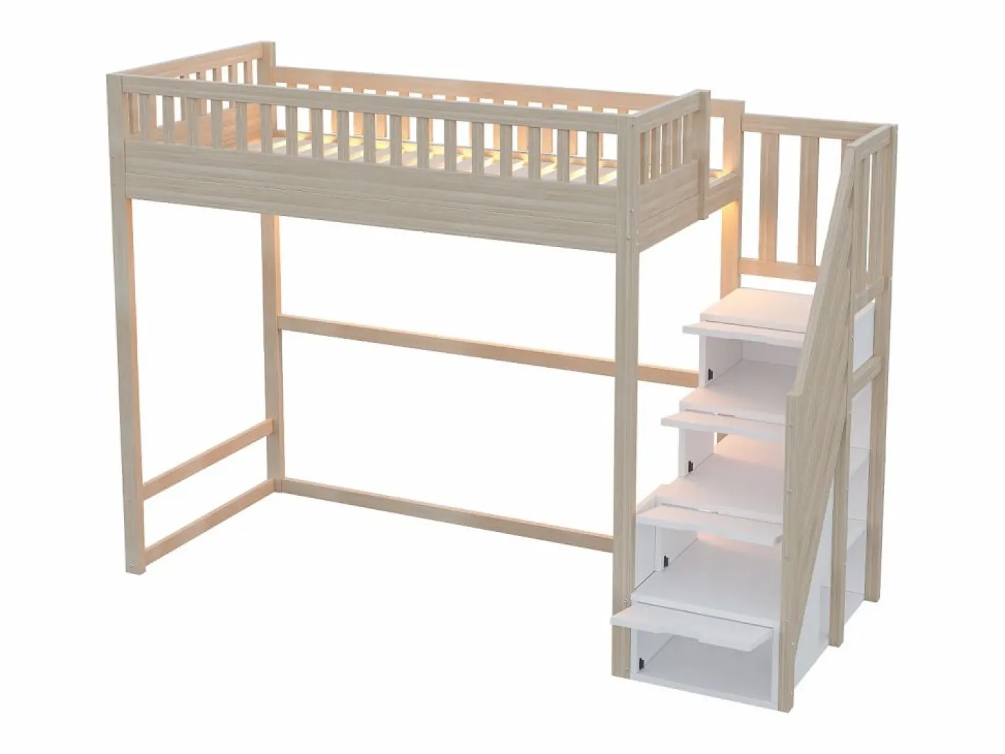 ModernLuxe Cama altillo 90x200 cm - con escalera de seguridad - con barreras de seguridad - con iluminación LED - natural (colchón no incluido) Color natural claro / Blanco Online