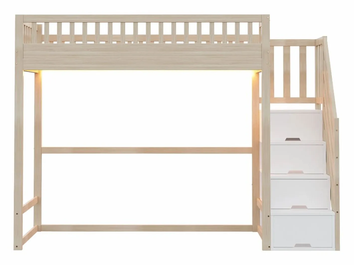 ModernLuxe Cama altillo 90x200 cm - con escalera de seguridad - con barreras de seguridad - con iluminación LED - natural (colchón no incluido) Color natural claro / Blanco Online