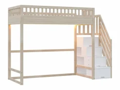 ModernLuxe Cama altillo 90x200 cm - con escalera de seguridad - con barreras de seguridad - con iluminación LED - natural (colchón no incluido) Color natural claro / Blanco Online