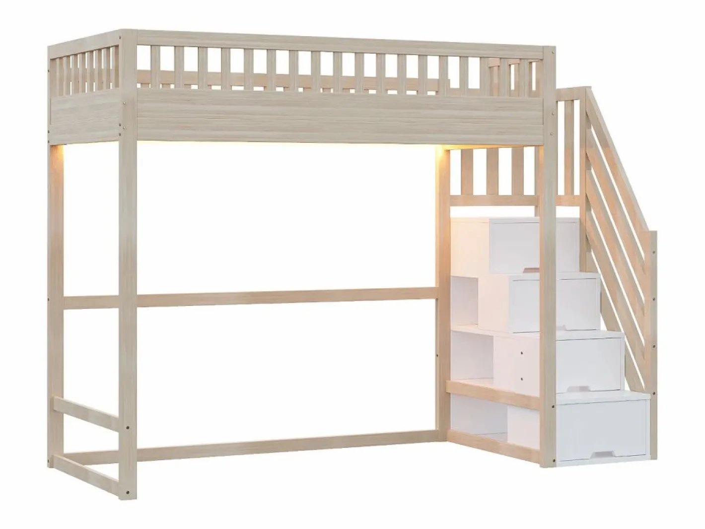 ModernLuxe Cama altillo 90x200 cm - con escalera de seguridad - con barreras de seguridad - con iluminación LED - natural (colchón no incluido) Color natural claro / Blanco Online