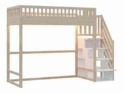 ModernLuxe Cama altillo 90x200 cm - con escalera de seguridad - con barreras de seguridad - con iluminación LED - natural (colchón no incluido) Color natural claro / Blanco Online