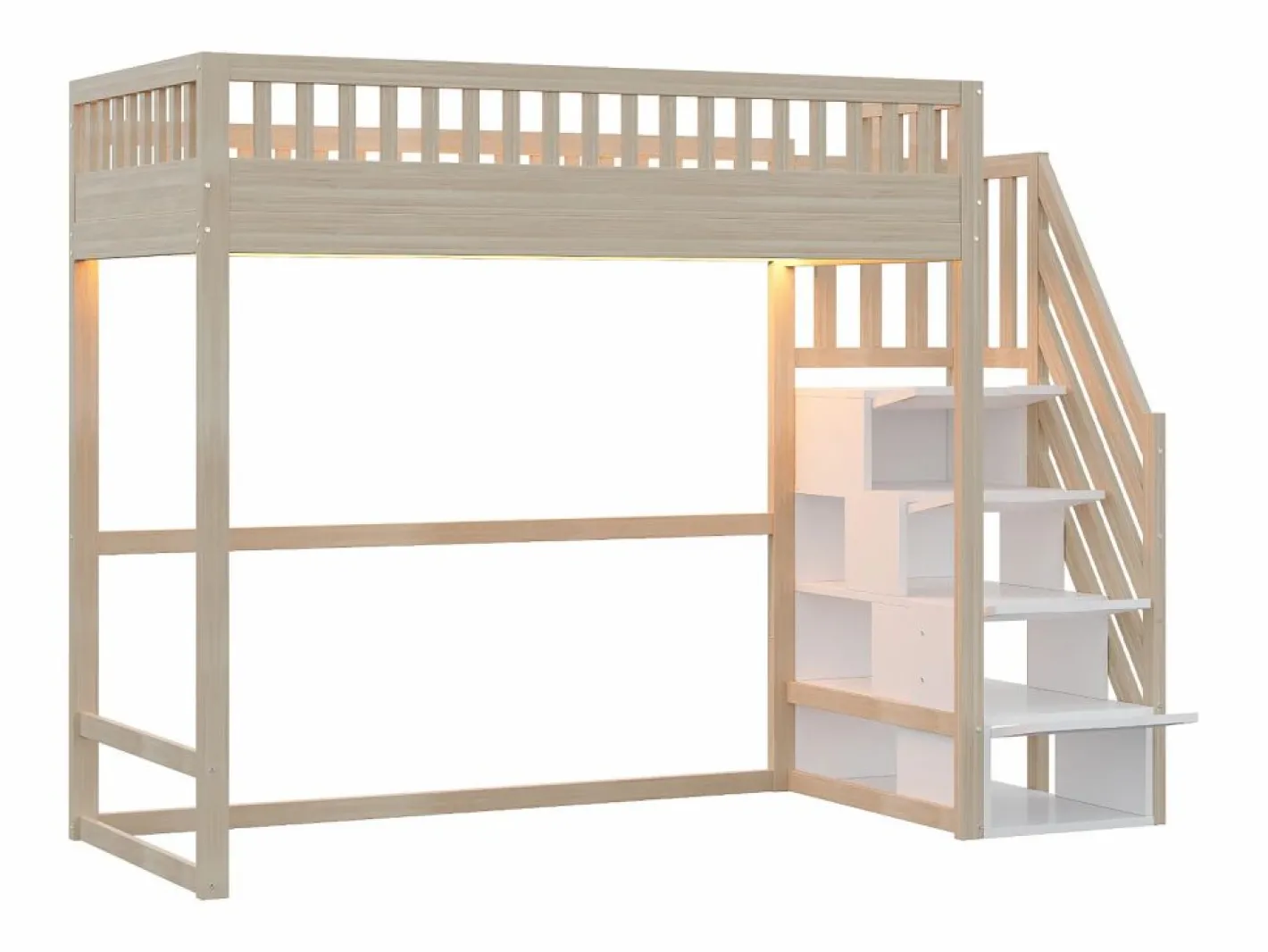 ModernLuxe Cama altillo 90x200 cm - con escalera de seguridad - con barreras de seguridad - con iluminación LED - natural (colchón no incluido) Color natural claro / Blanco Online