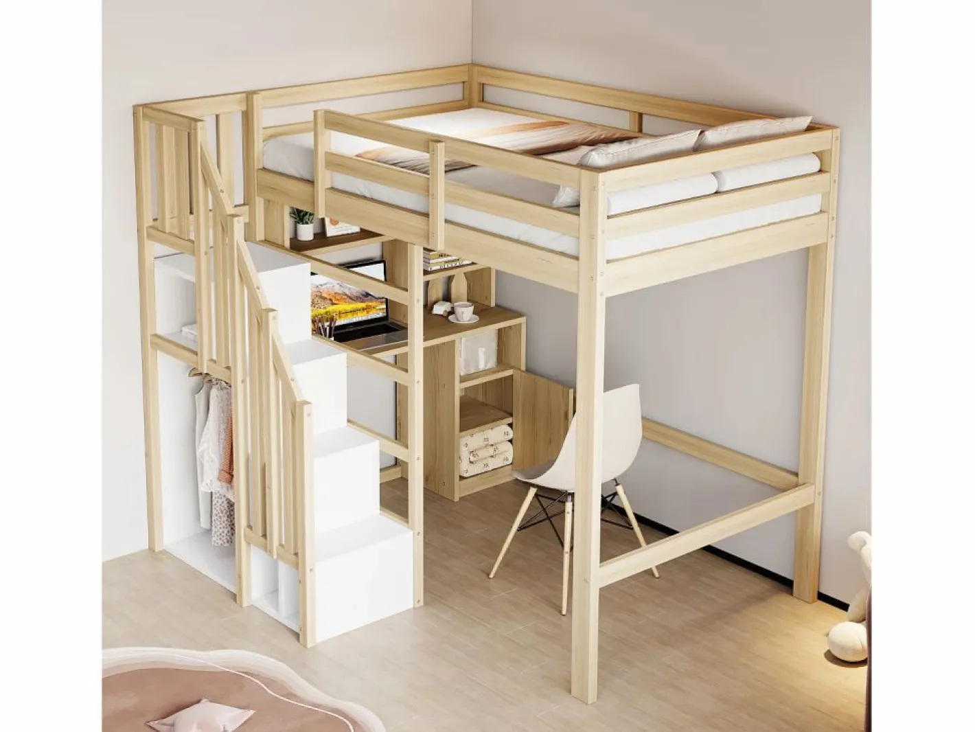 Cama altillo 90x200 cm - con estantes - con mesa de trabajo - con escalera - natural (colchón no incluido)^ModernLuxe Hot