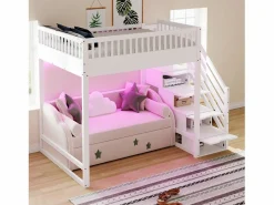 ModernLuxe Cama altillo 140x200 cm - con escalera de seguridad - con barreras de seguridad - equipado de luces LED - ​ (colchón no incluido) Blanco New