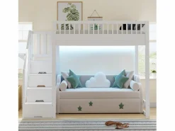 ModernLuxe Cama altillo 140x200 cm - con escalera de seguridad - con barreras de seguridad - equipado de luces LED - ​ (colchón no incluido) Blanco New