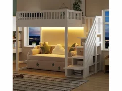 ModernLuxe Cama altillo 140x200 cm - con escalera de seguridad - con barreras de seguridad - equipado de luces LED - ​ (colchón no incluido) Blanco New