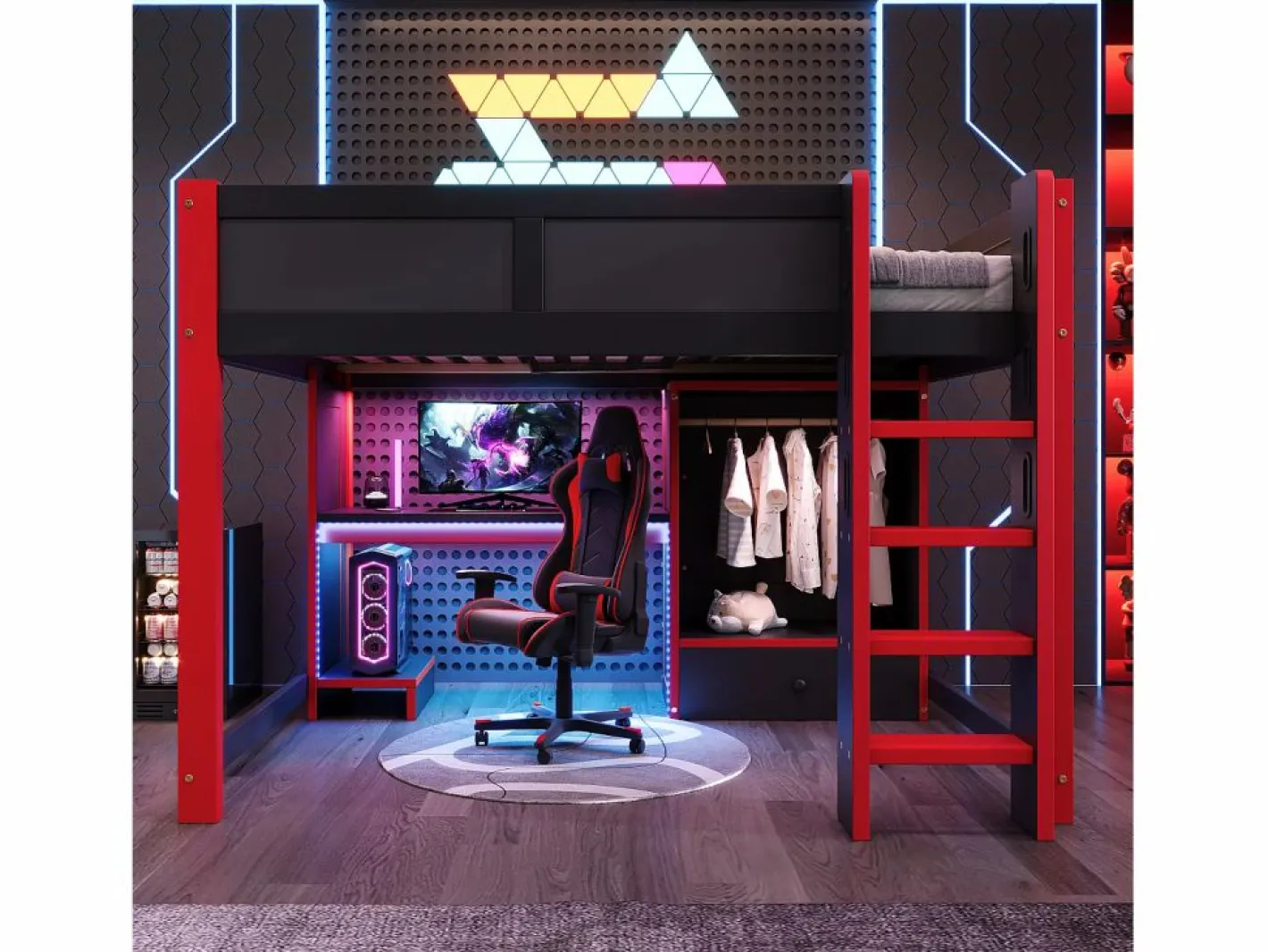ModernLuxe Cama altillo 140x200cm - con iluminación LED - con escritorio - con escalera y armario - con 1 cajón - negro + rojo (colchón no incluido) Negro / Rojo Clearance