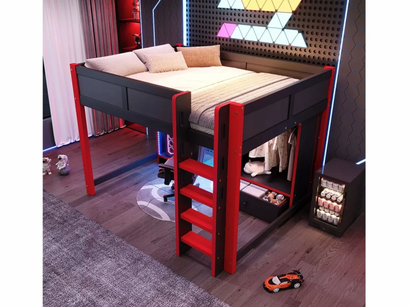 ModernLuxe Cama altillo 140x200cm - con iluminación LED - con escritorio - con escalera y armario - con 1 cajón - negro + rojo (colchón no incluido) Negro / Rojo Clearance