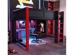 ModernLuxe Cama altillo 140x200cm - con iluminación LED - con escritorio - con escalera y armario - con 1 cajón - negro + rojo (colchón no incluido) Negro / Rojo Clearance