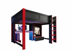 ModernLuxe Cama altillo 140x200cm - con iluminación LED - con escritorio - con escalera y armario - con 1 cajón - negro + rojo (colchón no incluido) Negro / Rojo Clearance