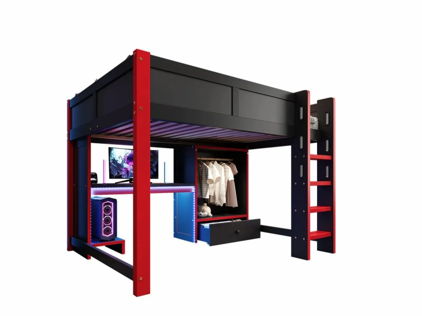 ModernLuxe Cama altillo 140x200cm - con iluminación LED - con escritorio - con escalera y armario - con 1 cajón - negro + rojo (colchón no incluido) Negro / Rojo Clearance