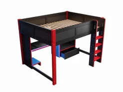 ModernLuxe Cama altillo 140x200cm - con iluminación LED - con escritorio - con escalera y armario - con 1 cajón - negro + rojo (colchón no incluido) Negro / Rojo Clearance