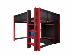 ModernLuxe Cama altillo 140x200cm - con iluminación LED - con escritorio - con escalera y armario - con 1 cajón - negro + rojo (colchón no incluido) Negro / Rojo Clearance