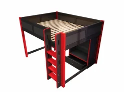 ModernLuxe Cama altillo 140x200cm - con iluminación LED - con escritorio - con escalera y armario - con 1 cajón - negro + rojo (colchón no incluido) Negro / Rojo Clearance