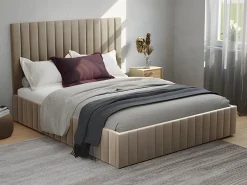 Vente-unique Cama arcón de 160 x 200 cm con cabecero con costuras verticales terciopelo gris + colchón - LARALI Topo Clearance