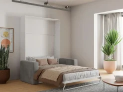 Vente-unique Cama Abatible|Cama armario batiente con sofá 140 x 200 cm blanco y gris + colchón - VACIALA II