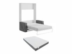 Vente-unique Cama Abatible|Cama armario batiente con sofá 140 x 200 cm blanco y gris + colchón - VACIALA II