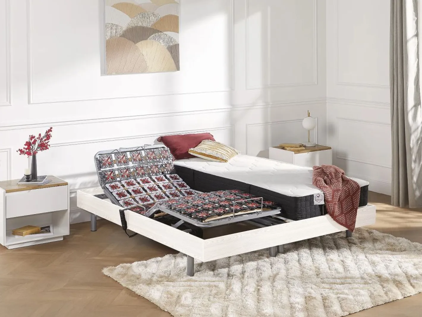 Ysmée Cama articulada eléctrica somier colchón látex 3 zonas 2 x 70 x 190 cm tela beige JOFAR Blanco Sale