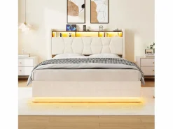 Merax Cama Terciopelo|Cama Con Canapé|Cama basculante hidráulica - 160 x 200 cm - con LED + bolsillos laterales + USB/Tipo C + cabecero con almacenaje - terciopelo -