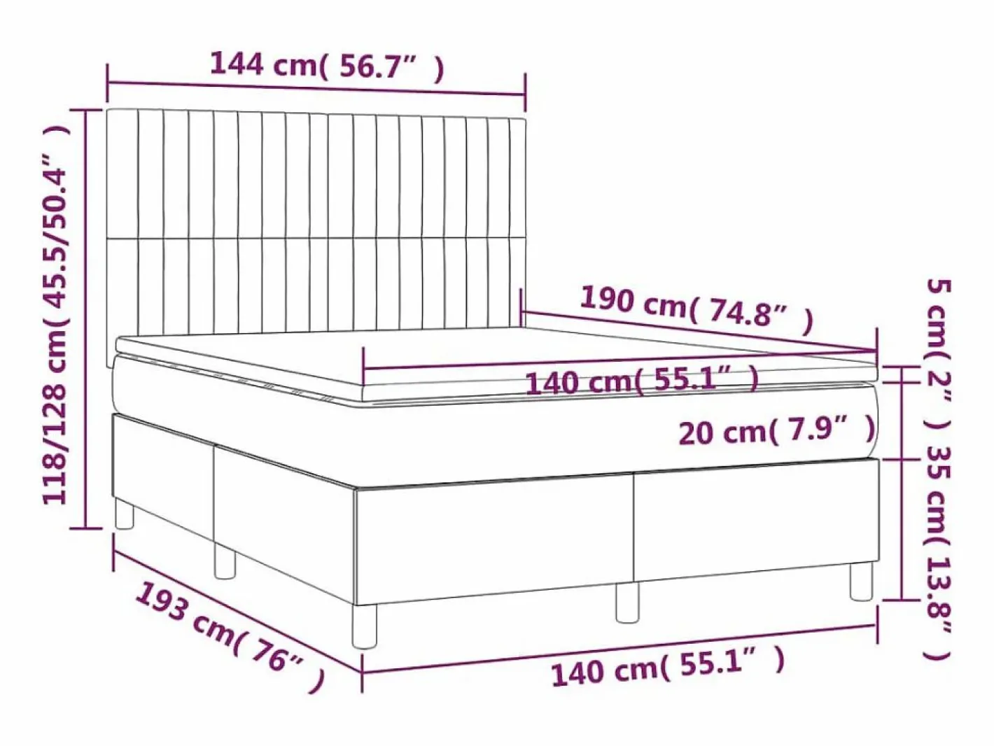Clicnbuy Somier Tapizado|Somier - 140X190Cm|Cama box spring colchón y luces LED tela gris claro 140x190 cm