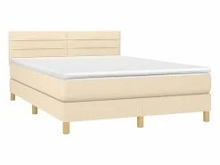 Cama box spring colchón y luces LED tela crema 140x190 cm^Clicnbuy
