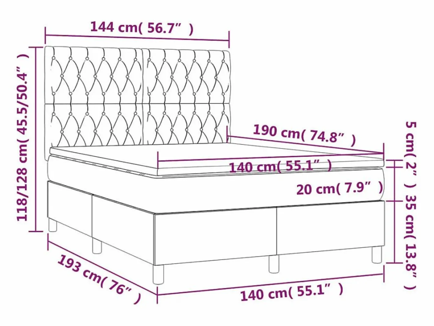 Clicnbuy Somier Tapizado|Somier - 140X190Cm|Cama box spring colchón y luces LED tela gris claro 140x190 cm