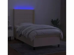 Cama box spring colchón y luces LED tela color crema 90x190 cm^Clicnbuy