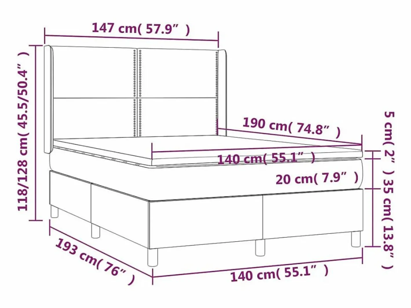 Clicnbuy Somier - 140X190Cm|Cama box spring colchón y luces LED tela negro 140x190 cm