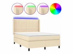 Clicnbuy Cama box spring colchón y luces LED tela crema 140x190 cm