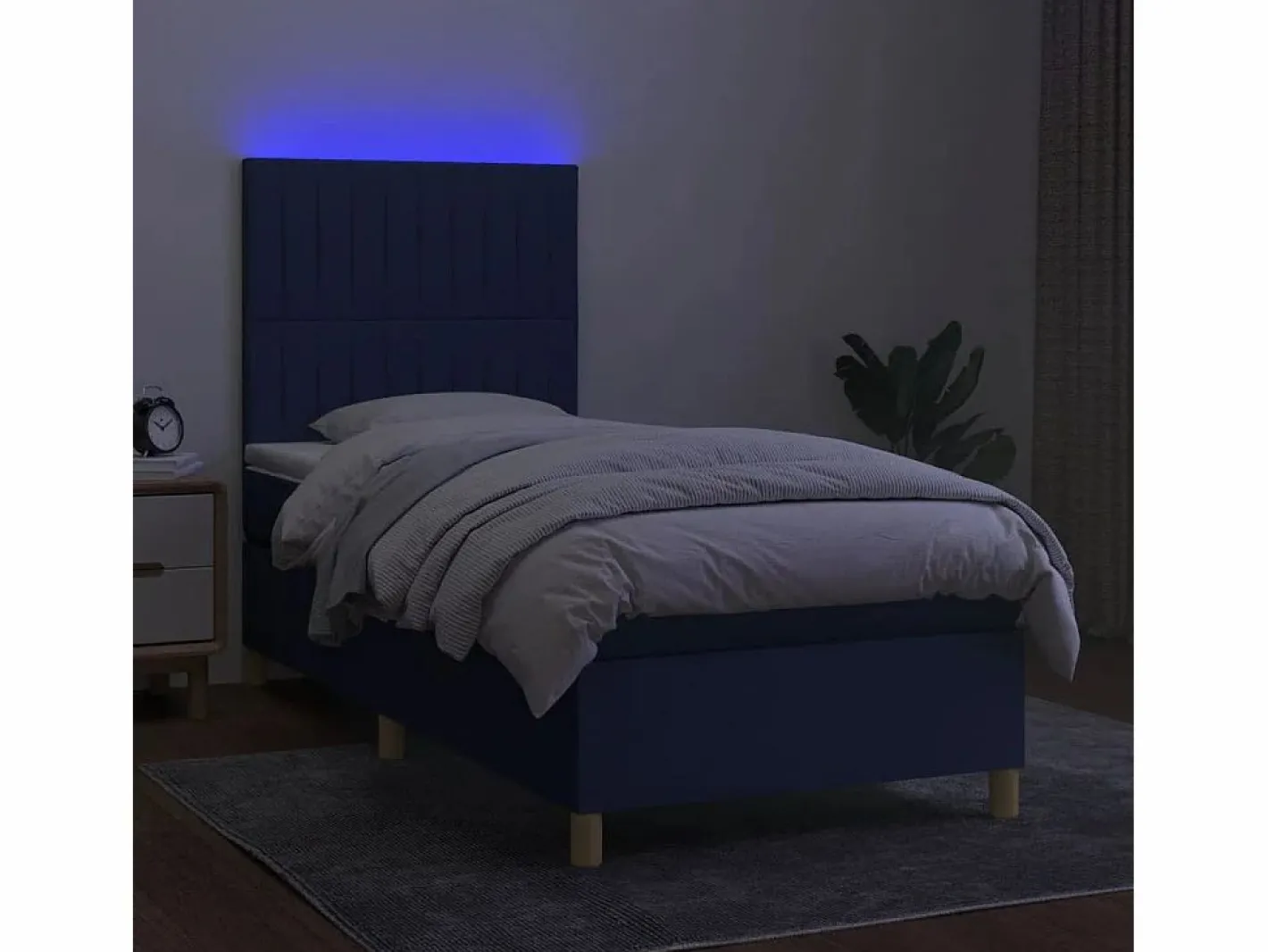 Clicnbuy Somier Tapizado|Somier - 90X190Cm|Cama box spring colchón y luces LED tela azul 90x190 cm