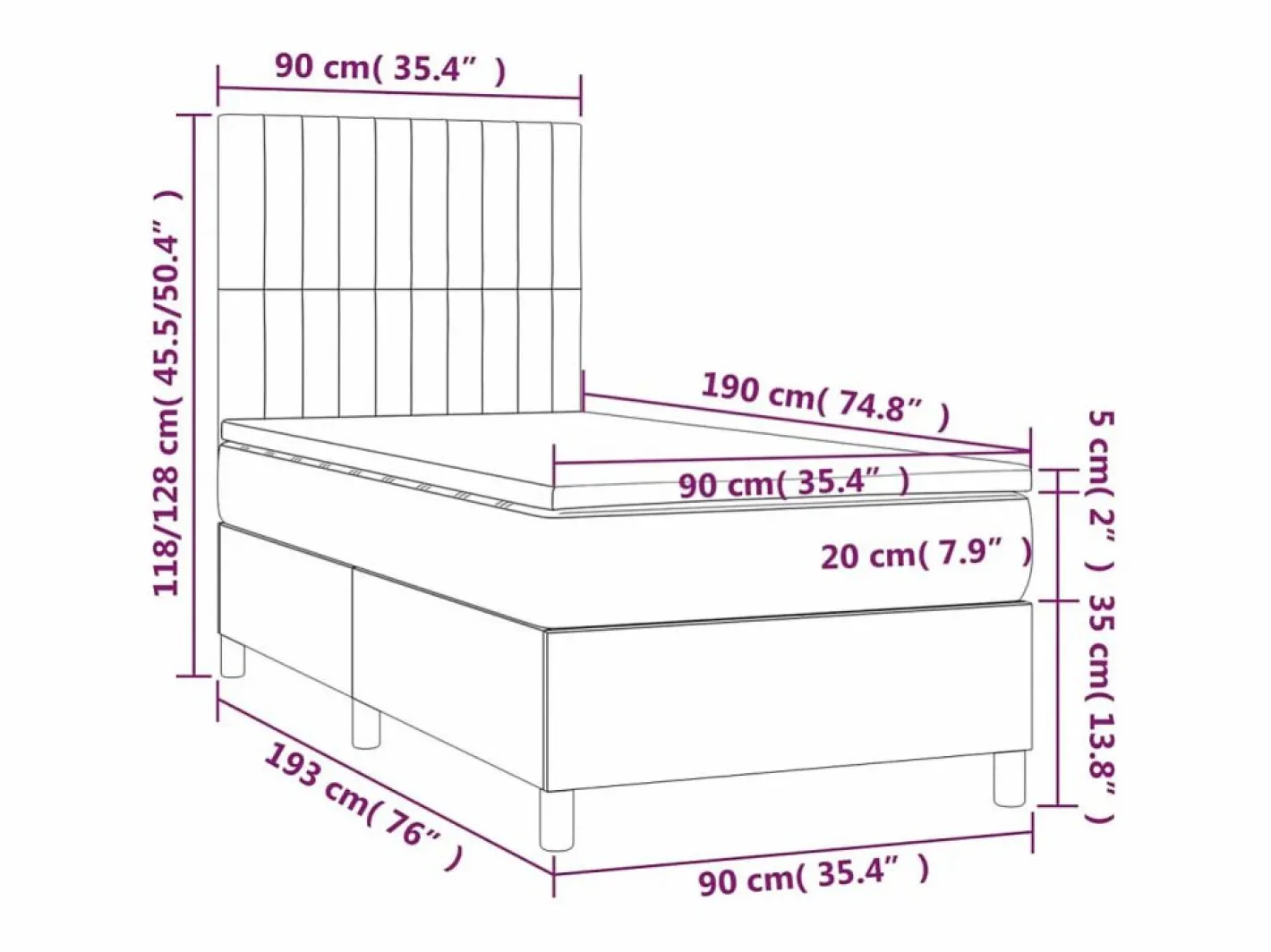 Clicnbuy Somier Tapizado|Somier - 90X190Cm|Cama box spring colchón y luces LED tela azul 90x190 cm