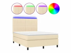 Clicnbuy Somier - 140X190Cm|Cama box spring colchón y luces LED tela crema 140x190 cm