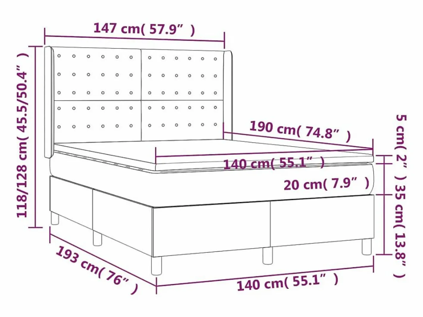 Clicnbuy Somier Tapizado|Somier - 140X190Cm|Cama box spring colchón y luces LED tela gris claro 140x190 cm