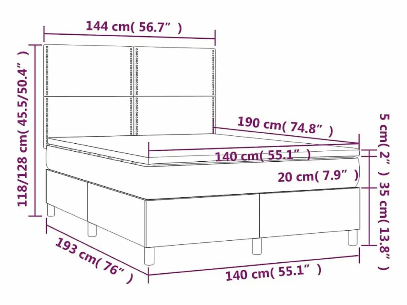 Clicnbuy Somier - 140X190Cm|Cama box spring colchón y luces LED tela gris claro 140x190 cm