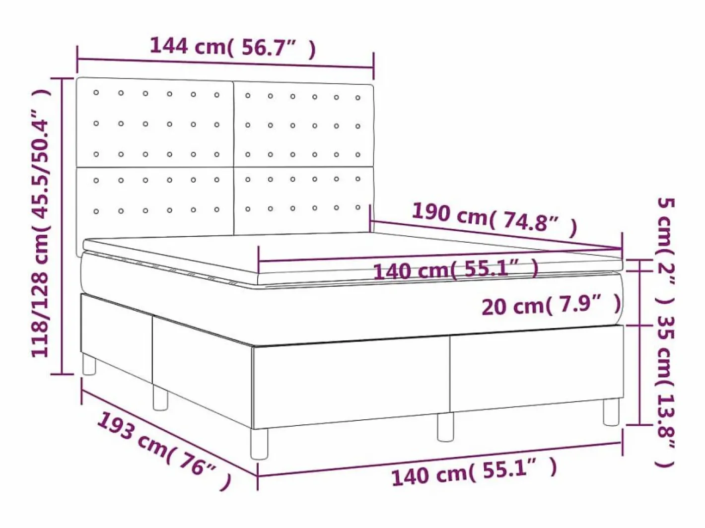 Clicnbuy Cama box spring colchón y luces LED tela crema 140x190 cm Sale