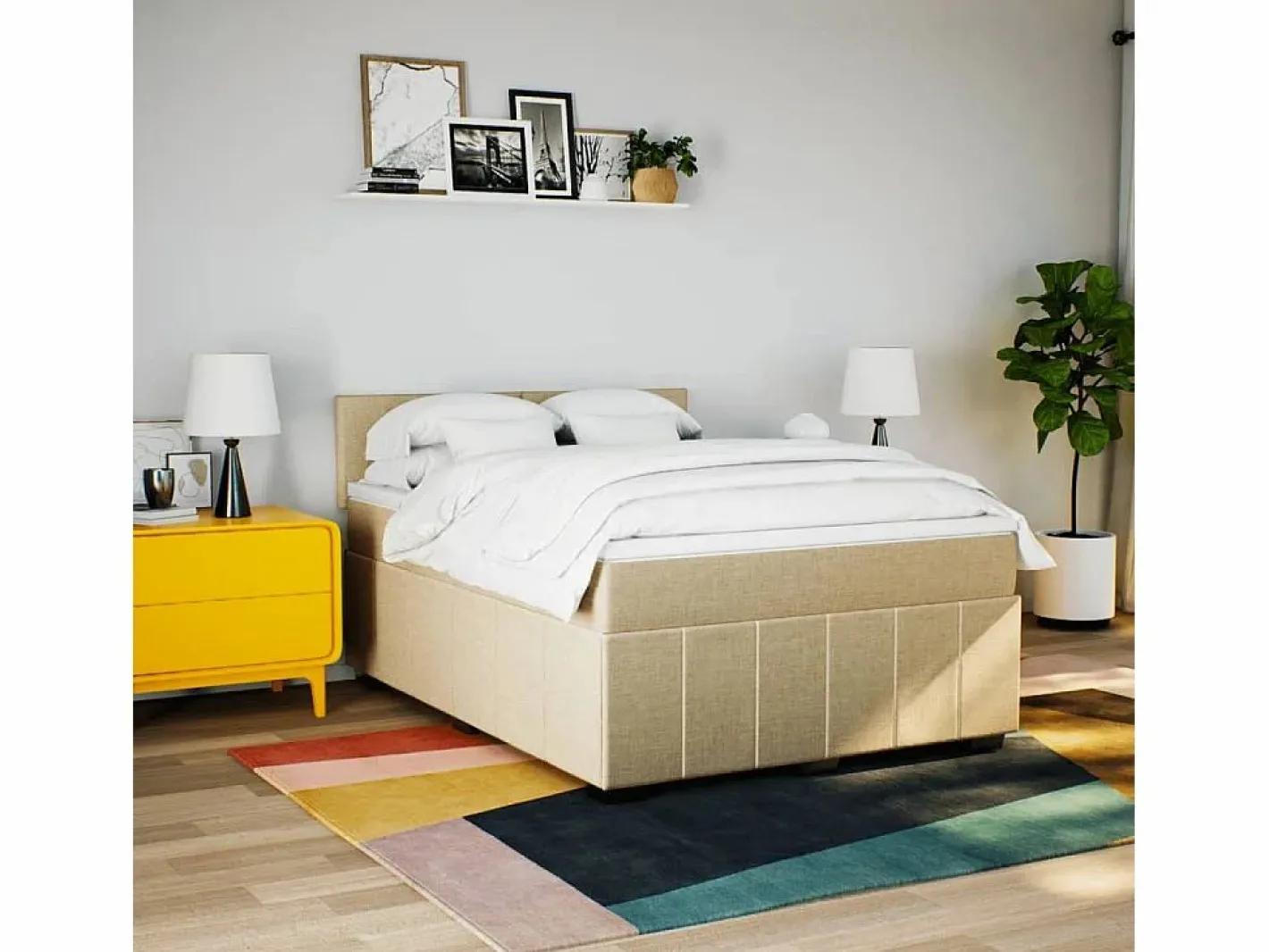 Clicnbuy Cama box spring con colchón tela color 160x200 cm Crema