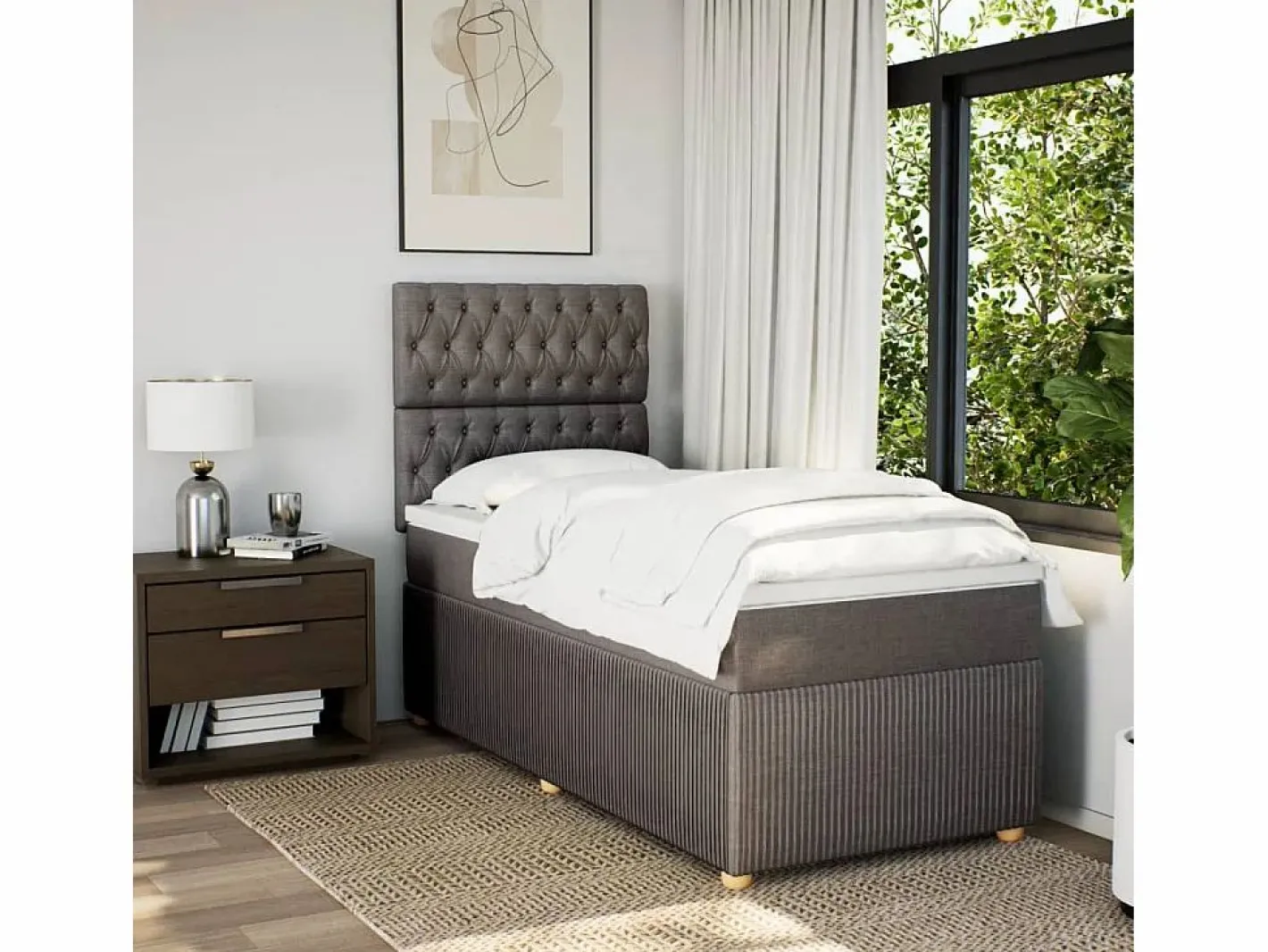 Cama box spring con colchón tela gris taupe 90x190 cm^Clicnbuy