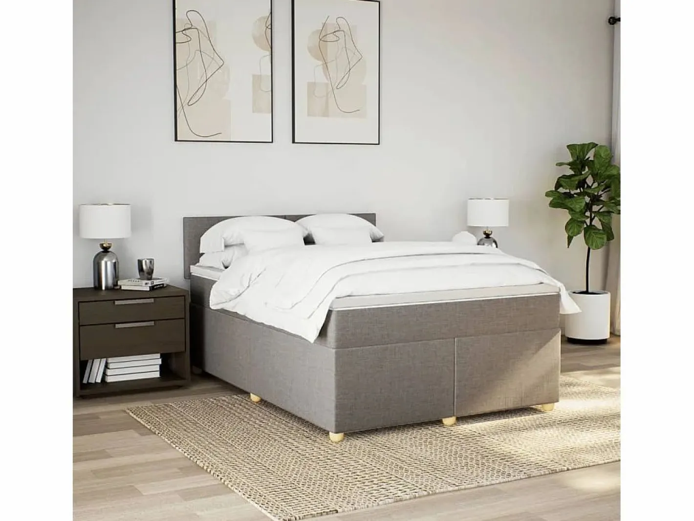 Clicnbuy Somier - 160X200Cm|Cama box spring con colchón tela gris taupe 160x200 cm
