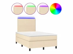 Clicnbuy Somier Tapizado|Cama box spring con colchón y luces LED tela crema 120x190 cm