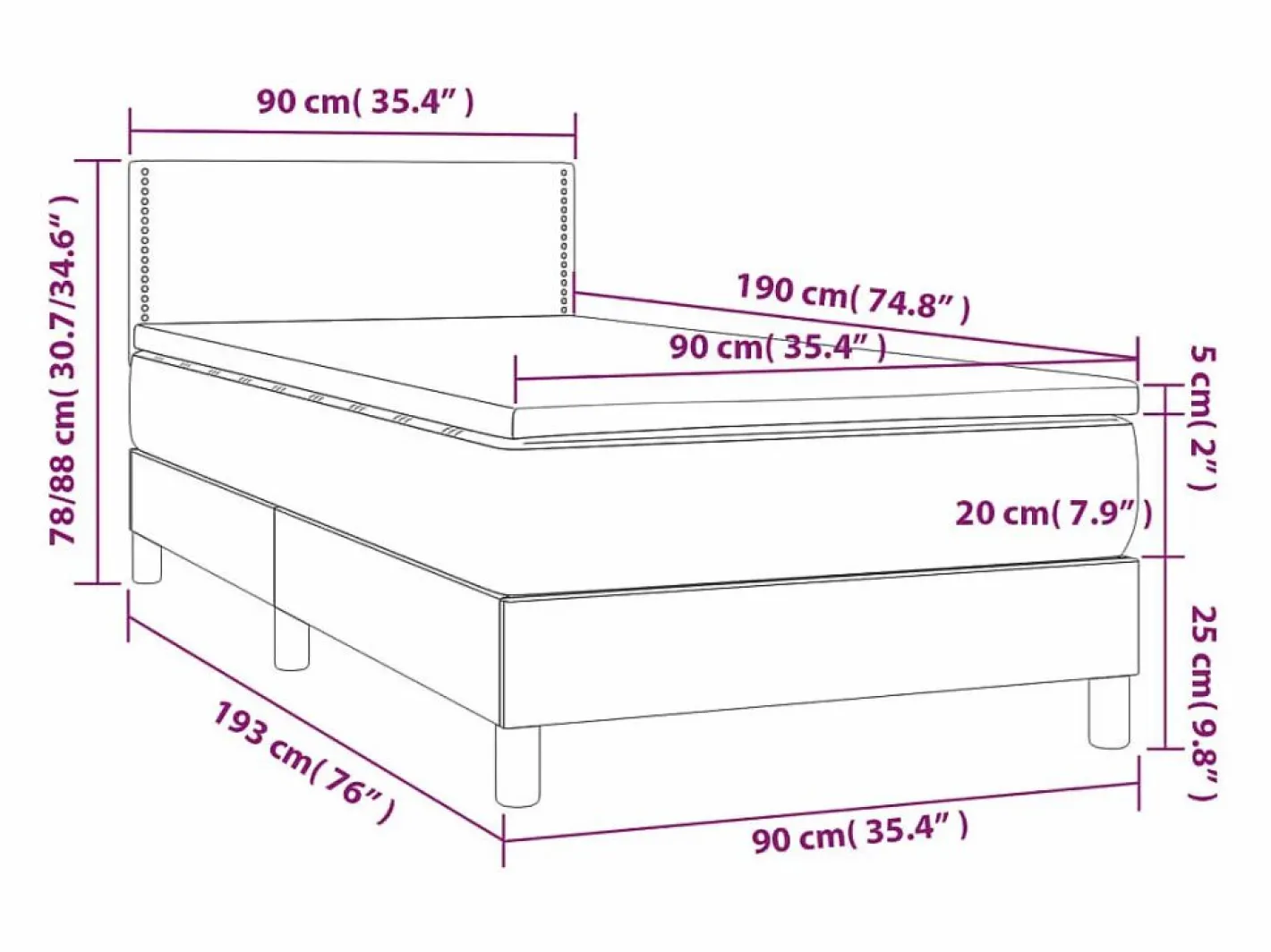 Clicnbuy Somier - 90X190Cm|Cama box spring con colchón LED tela gris taupe 90x190 cm