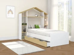 Vente-unique Cama Montessori|Cama cabaña 90 x 190 cm color blanco y natural + colchón - JERACO