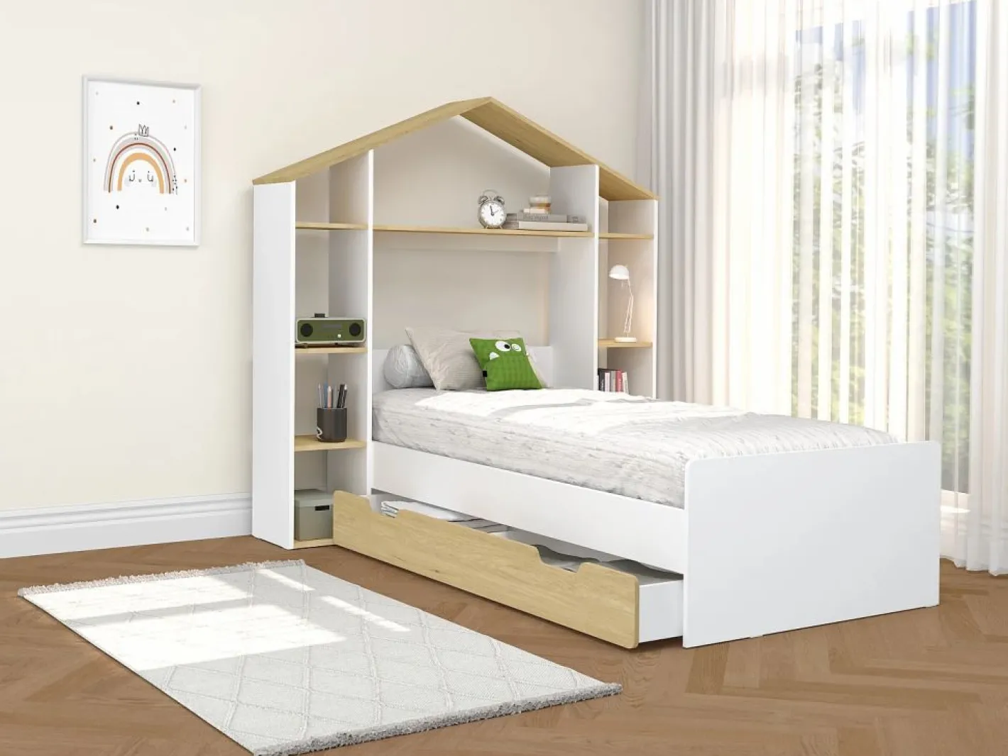 Vente-unique Cama Montessori|Cama cabaña 90 x 190 cm color blanco y natural - JERACO