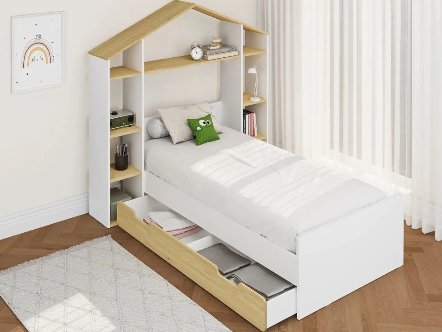Vente-unique Cama Montessori|Cama cabaña 90 x 190 cm color blanco y natural - JERACO
