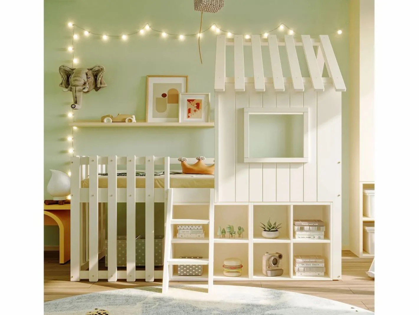ModernLuxe Cama Montessori|Cama cabaña infantil 90x200 cm - con tejado + ventana - con escalera de 2 peldaños y estanterías -