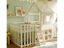 ModernLuxe Cama Montessori|Cama cabaña infantil 90x200 cm - con tejado + ventana - con escalera de 2 peldaños y estanterías -