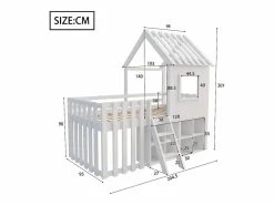 ModernLuxe Cama Montessori|Cama cabaña infantil 90x200 cm - con tejado + ventana - con escalera de 2 peldaños y estanterías -