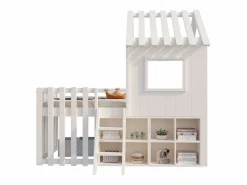 ModernLuxe Cama Montessori|Cama cabaña infantil 90x200 cm - con tejado + ventana - con escalera de 2 peldaños y estanterías -