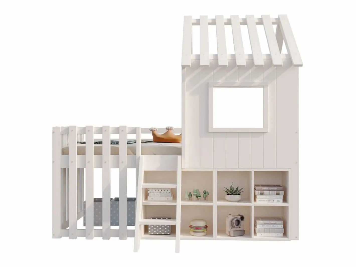 ModernLuxe Cama Montessori|Cama cabaña infantil 90x200 cm - con tejado + ventana - con escalera de 2 peldaños y estanterías -